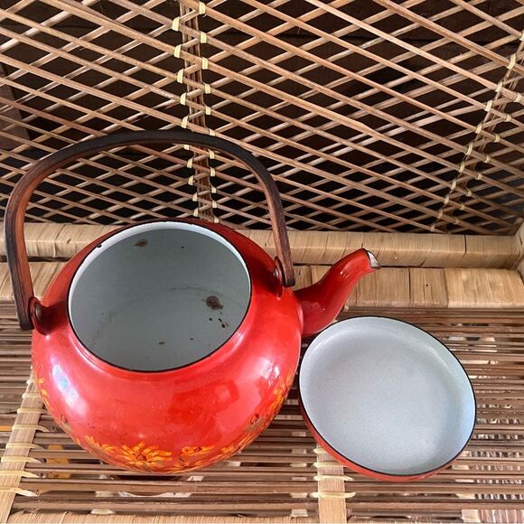 Vintage Enameled Tea Kettle Pot Japan Teak Handle Flower Power Floral AS IS - Picture 7 of 10